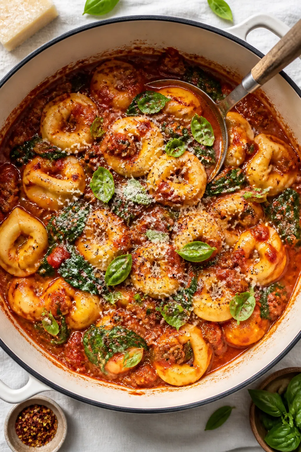 Tasty top view: Overhead shot of cheese tortellini gently folded into the simmered turkey-tomato sau