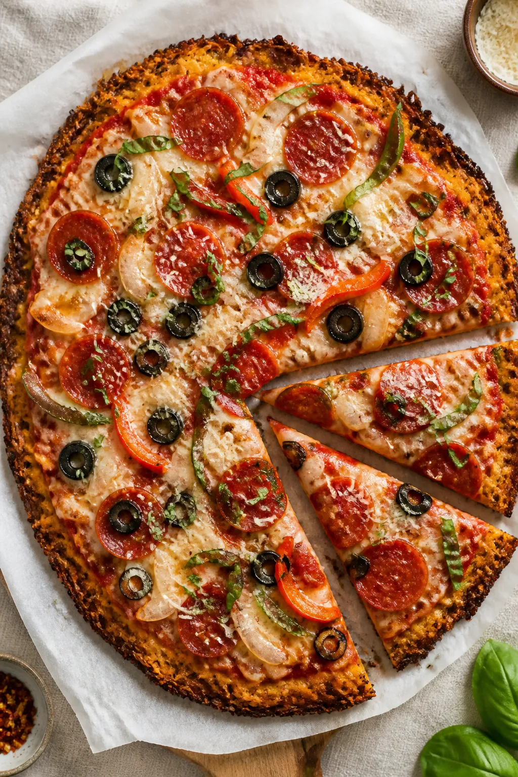Tasty top view: Overhead shot of finished spaghetti squash pizza topped with a thin layer of red sau