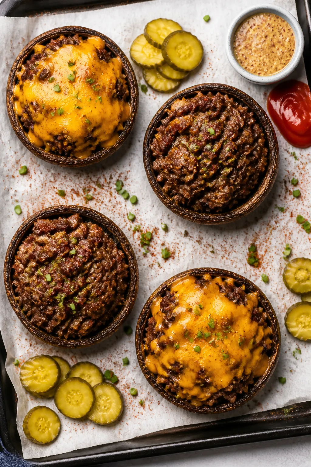 Tasty top view: Overhead shot of four baked portobello caps on a parchment-lined tray, each stuffed