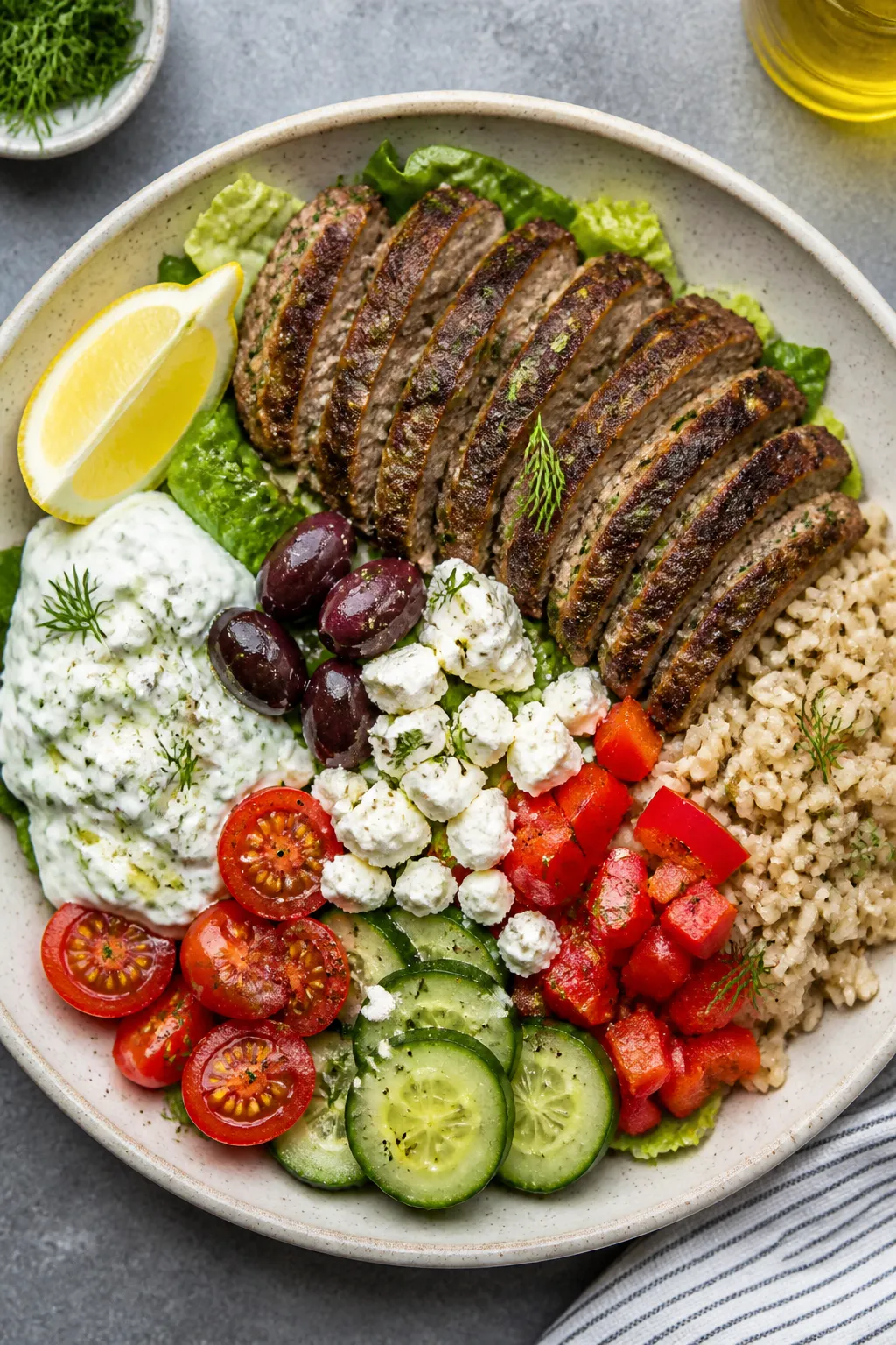 Tasty top view: Overhead shot of fully assembled High Protein Greek Burger Bowlâbed of chopped rom