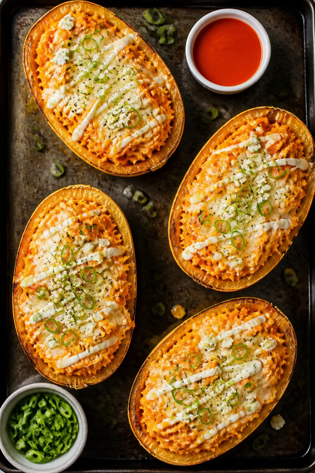 Tasty top-view: Overhead shot of fully loaded Buffalo Chicken Spaghetti Squash Boats on a dark sheet