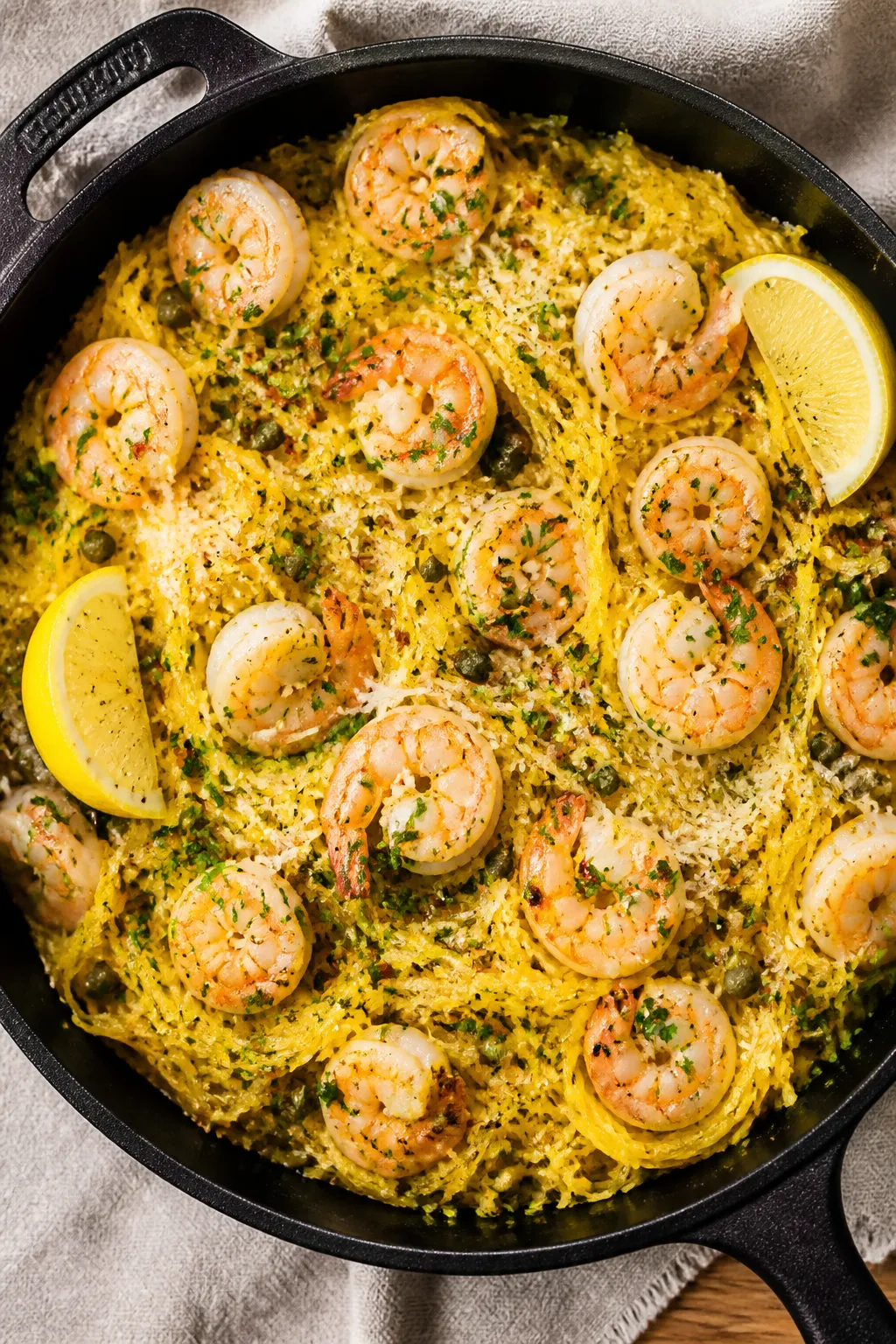 Tasty top view: Overhead shot of Garlic Butter Shrimp Spaghetti Squash tossed in the skillet—golde