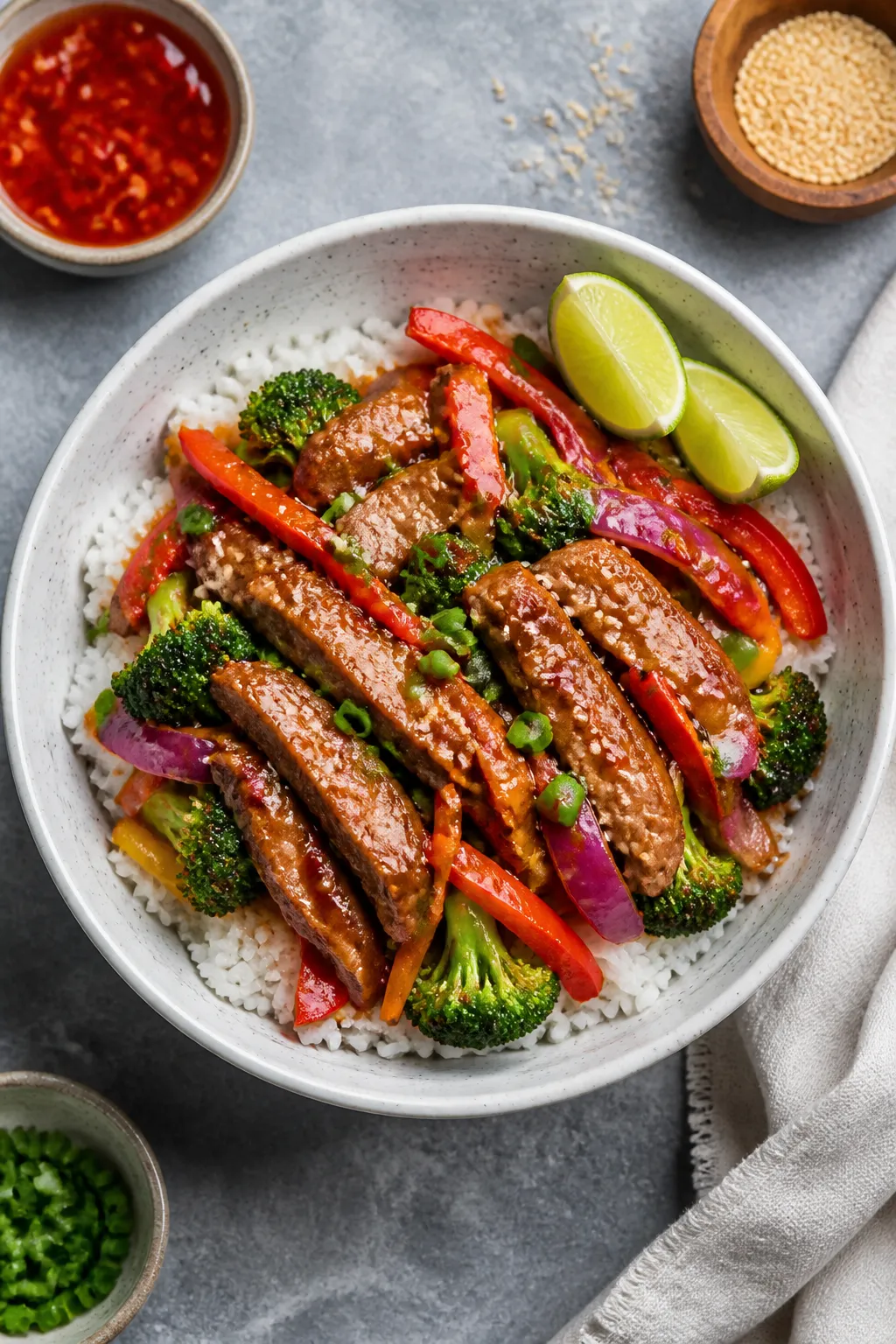 Tasty top view: Overhead shot of Healthy Sweet Chili Pork Stir Fry served over fluffy jasmine rice i