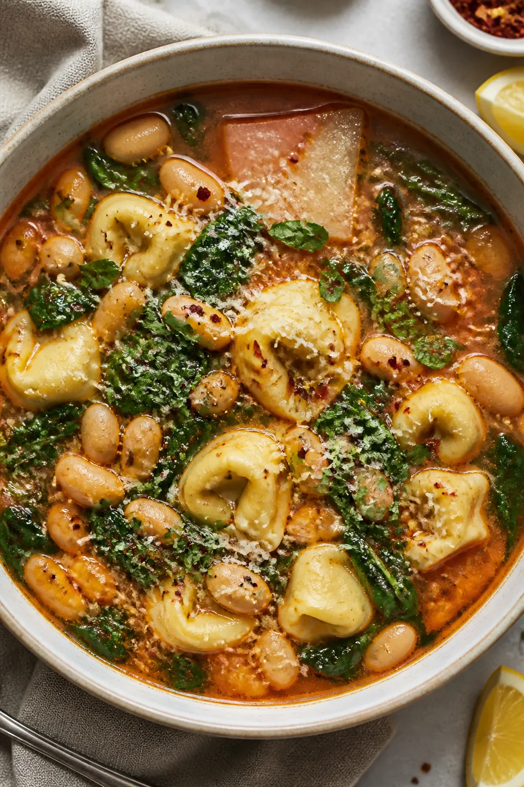 Tasty top view: Overhead shot of high protein spinach tortellini soup just after wilting, showing pl