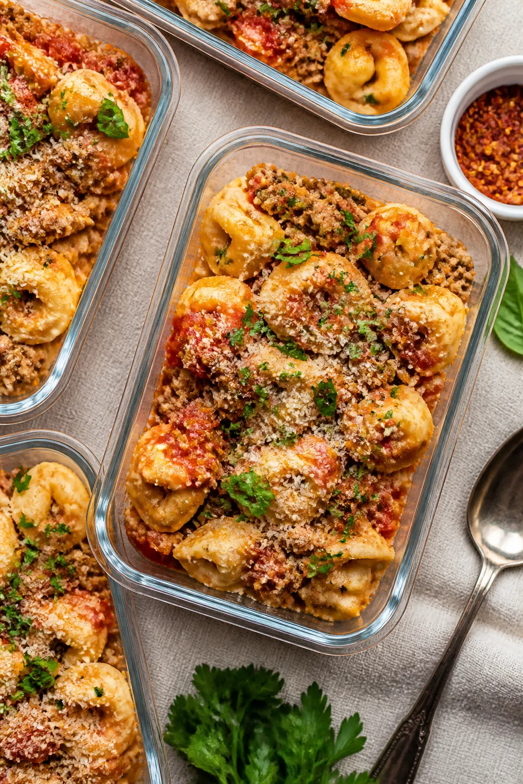 Tasty top view: Overhead shot of meal-prep containers neatly portioned with the finished ground turk