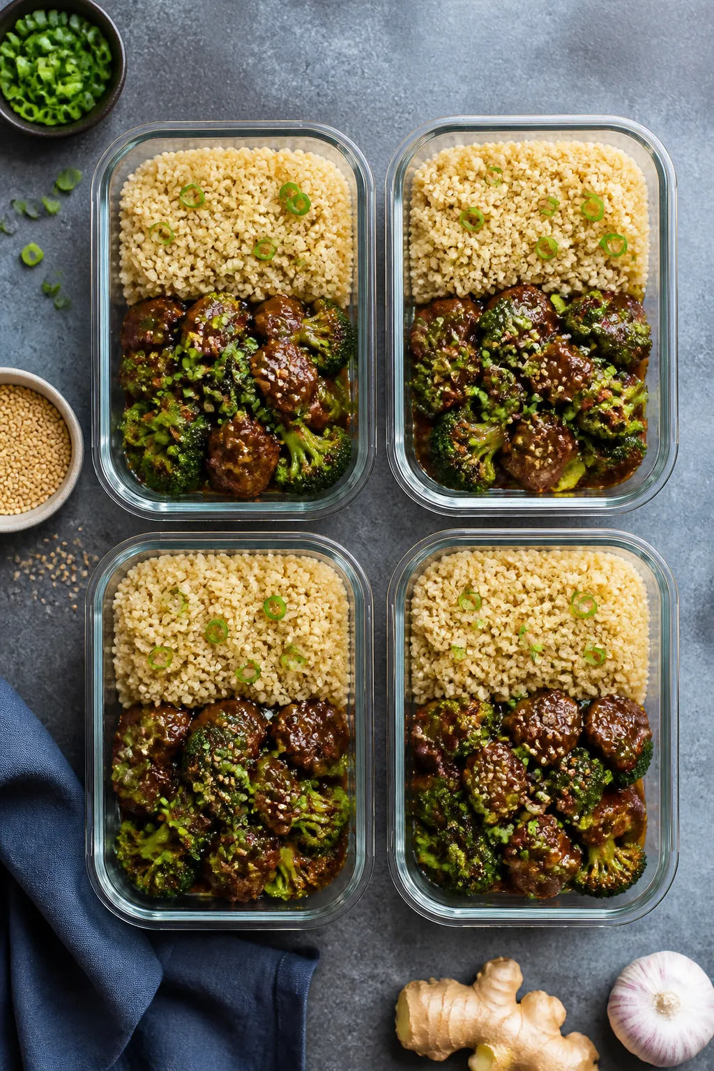 Tasty top view: Overhead shot of meal-prep containers neatly arranged, half filled with quinoa and h