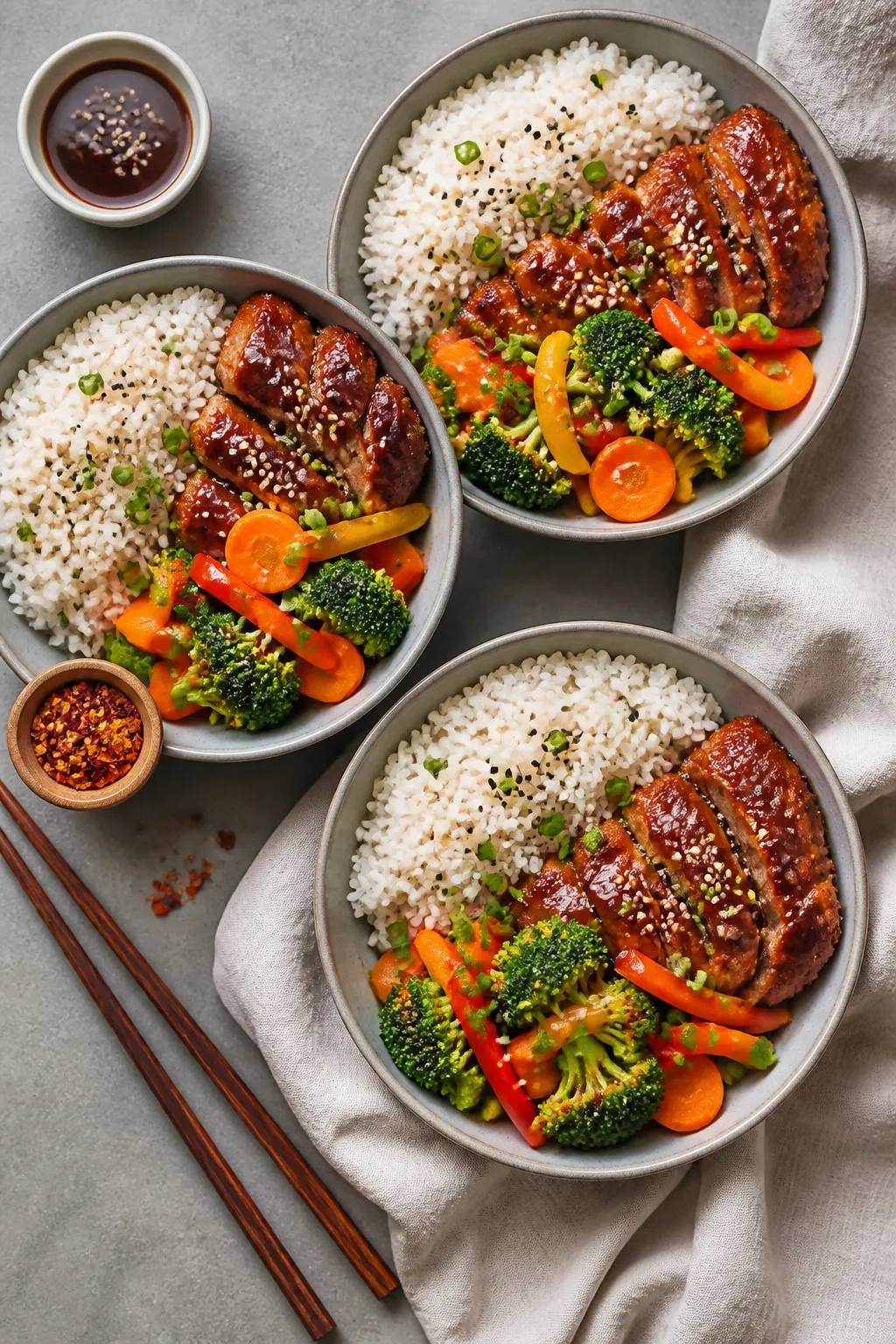 Tasty top view — overhead shot of meal-prep style bowls: three neatly arranged bowls each with a q