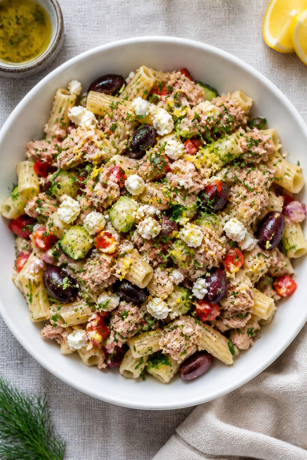 Tasty top view: Overhead shot of Mediterranean Tuna Pasta Salad in a wide, shallow white serving bow