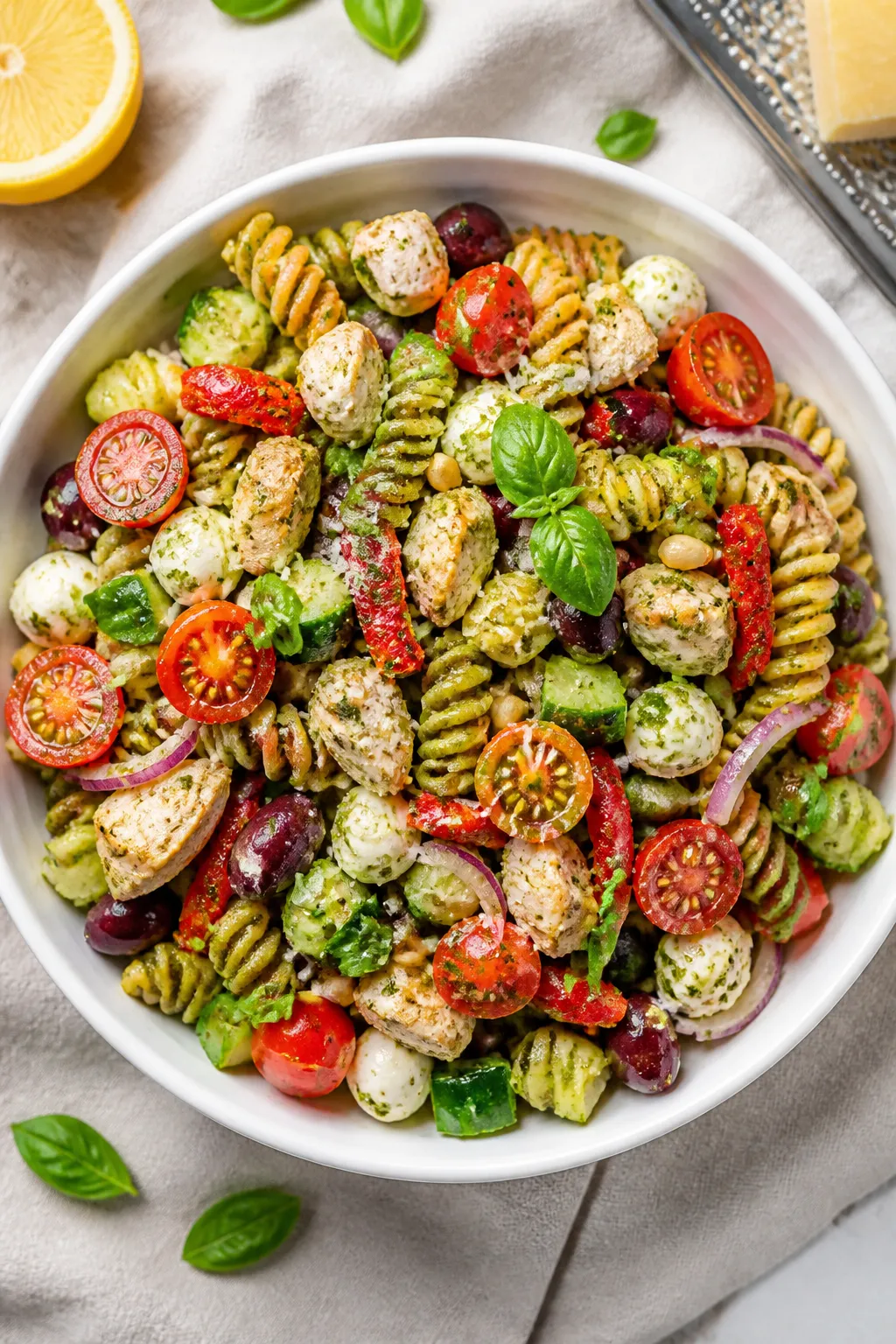 Tasty top view: Overhead shot of pesto chicken pasta salad fully assembled—fusilli, juicy rotisser