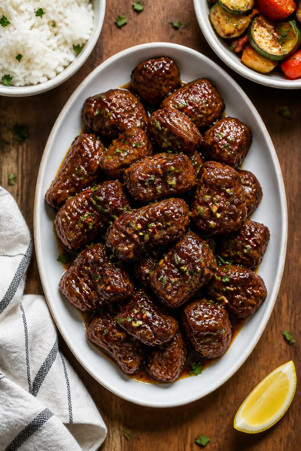 Tasty top view: Overhead shot of pork tenderloin bites tossed in a glossy BBQ glaze, sprinkled with