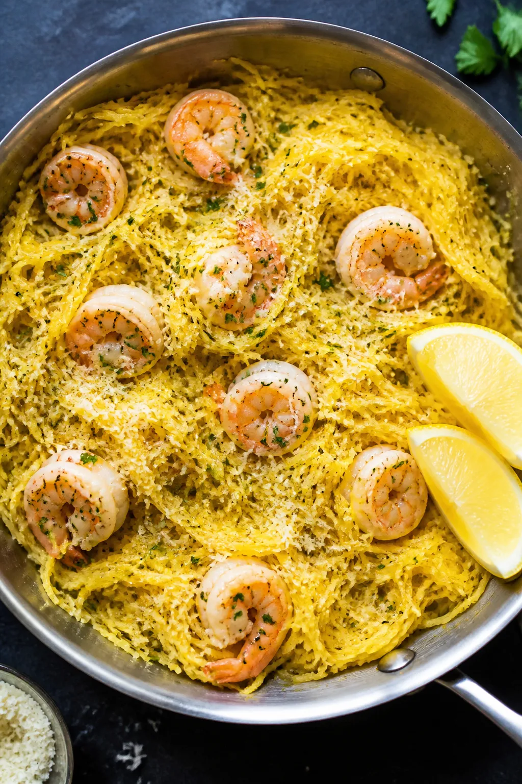 Tasty top view: Overhead shot of roasted spaghetti squash strands tossed with scampi sauce in the sk