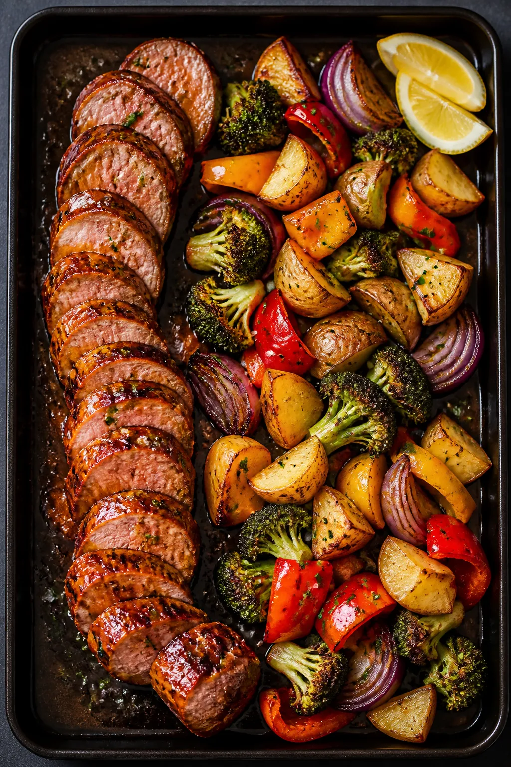 Tasty top view: Overhead shot of sliced BBQ pork tenderloin medallions (juicy, faint blush center, l