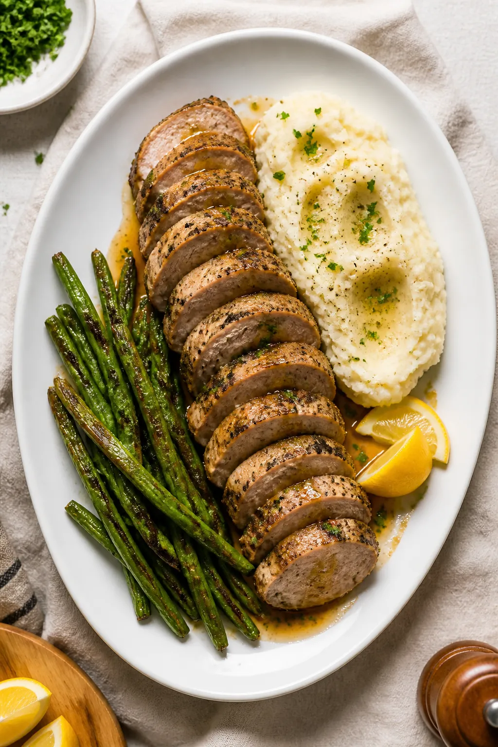 Tasty top view: Overhead shot of sliced pork tenderloin medallions arranged in a neat shingled row o