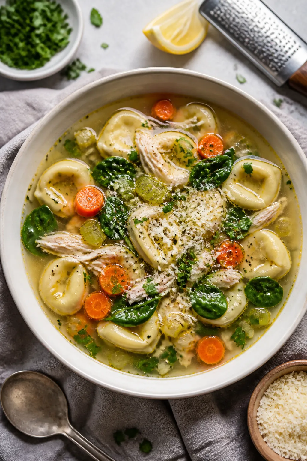 Tasty top view: Overhead shot of Slow Cooker Chicken Tortellini Soup just finishedâplump cheese to