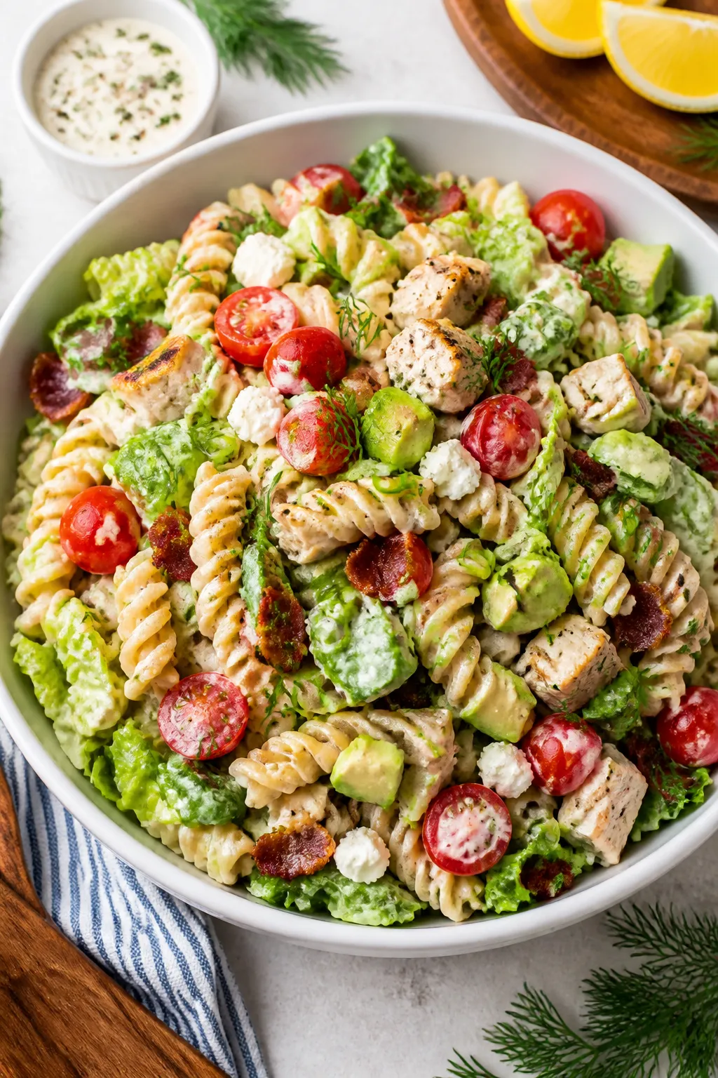 Tasty top view: Overhead shot of the assembled BLT Chicken Pasta Salad in a wide, white serving bowl