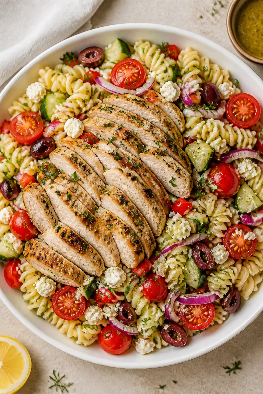 Tasty top view: Overhead shot of the assembled Greek Chicken Pasta Salad in a wide, white serving bo