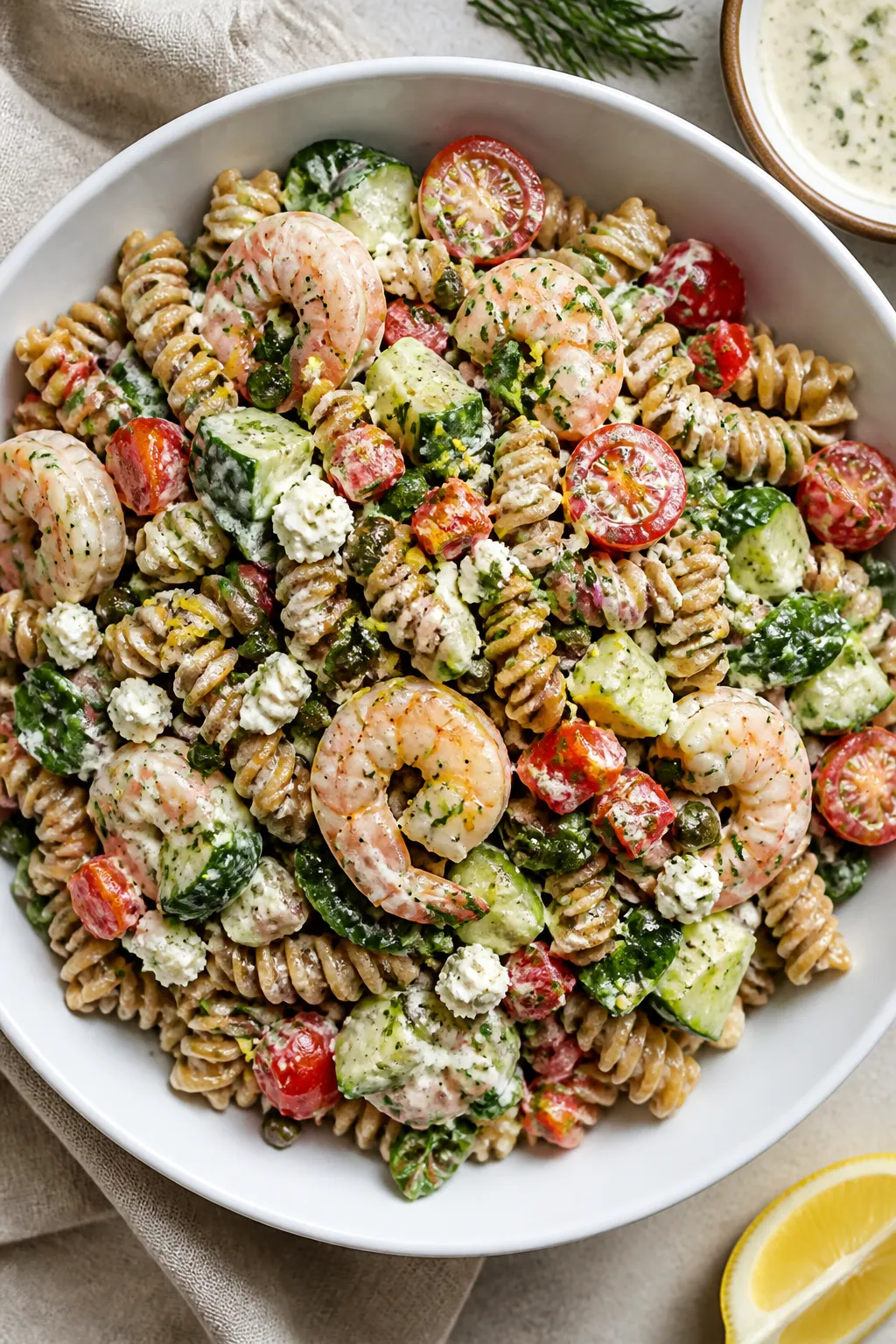 Tasty top view: Overhead shot of the assembled Healthy Shrimp Pasta Salad in a wide white bowl—who