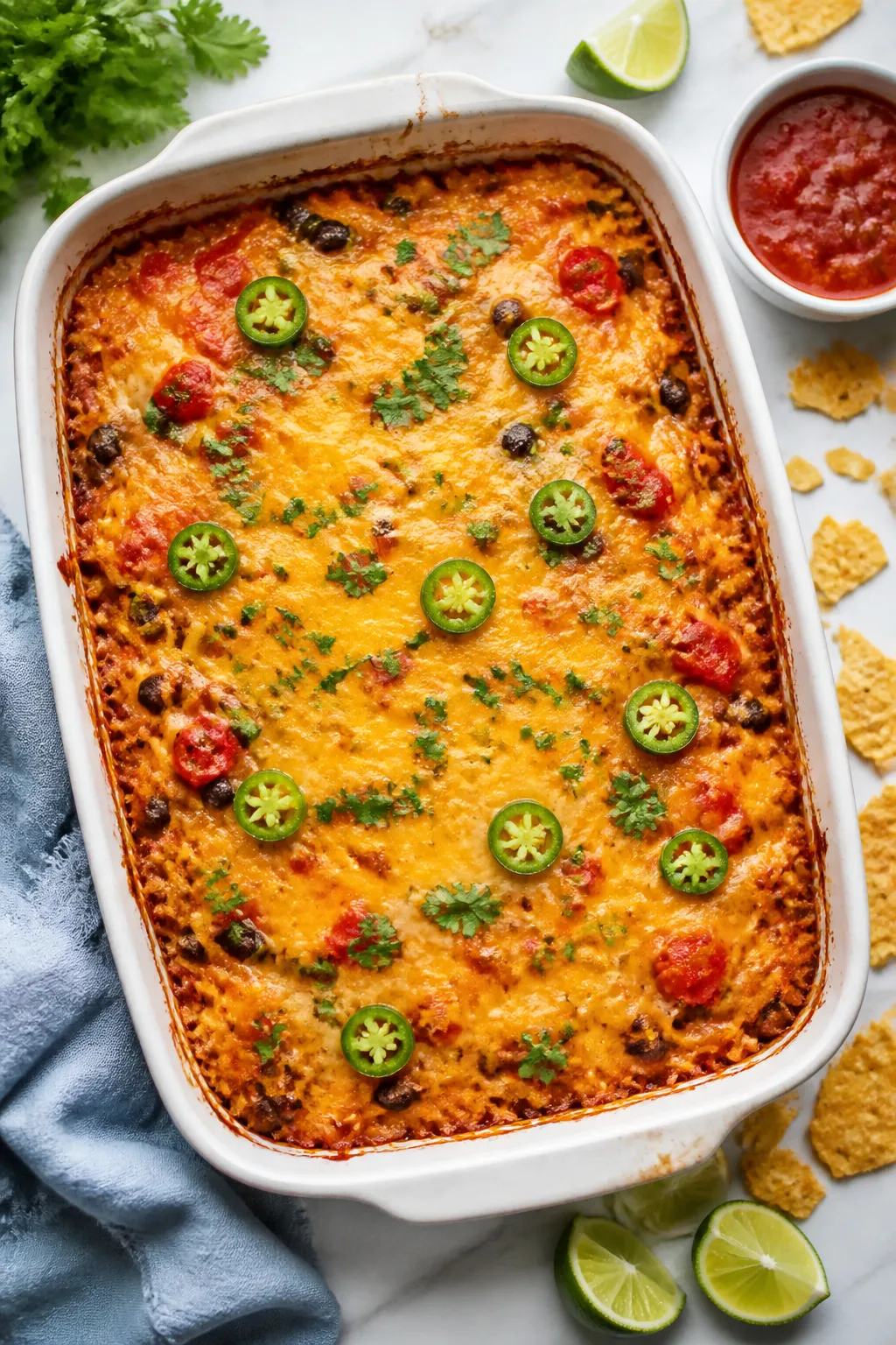 Tasty top view: Overhead shot of the baked High Protein Mexican Spaghetti Squash Casserole in a 9x13