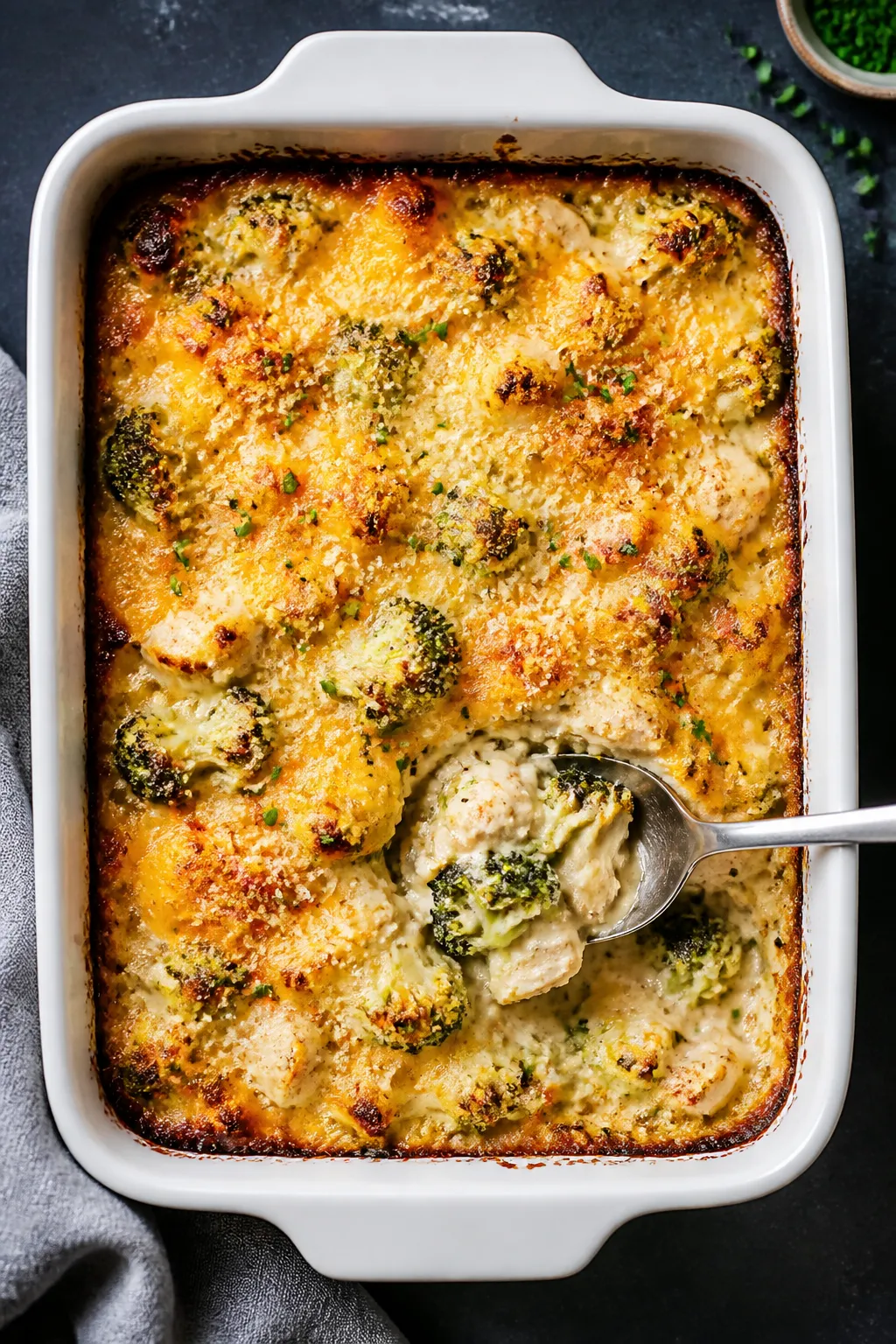 Tasty top view: Overhead shot of the Cheesy Chicken Broccoli Protein Bake in a 9x13 porcelain baking