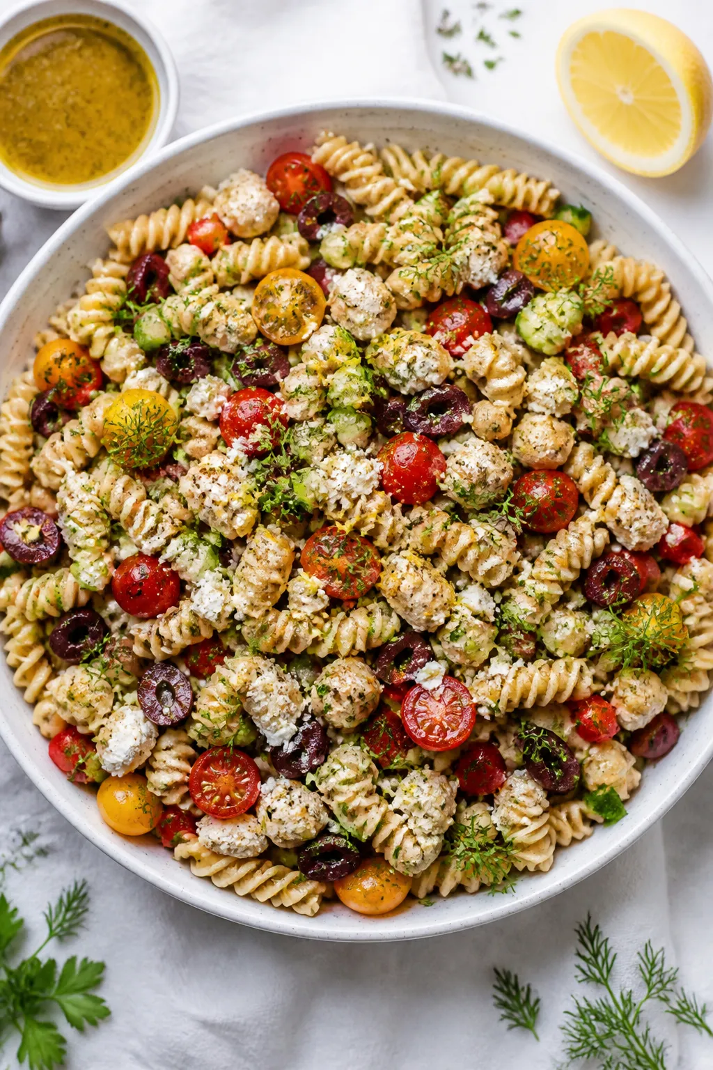 Tasty top view: Overhead shot of the final High Protein Greek Yogurt Pasta Salad served in a wide, s