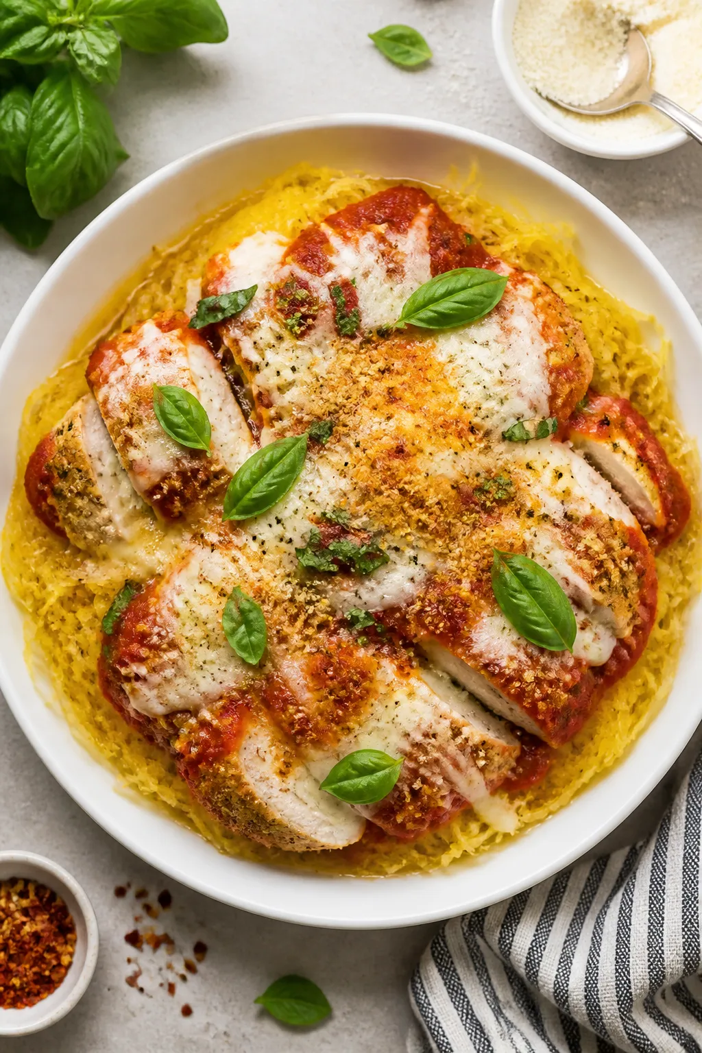 Tasty top view: Overhead shot of the final plated High Protein Chicken Parmesan Spaghetti Squash ser