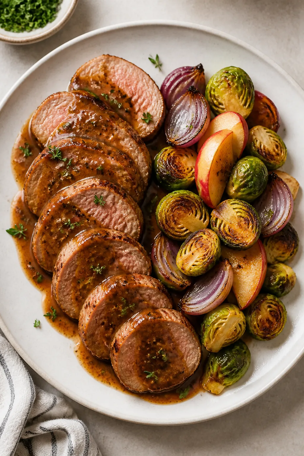 Tasty top view: Overhead shot of the final plated pork tenderloinâ1/2-inch medallions fanned on a