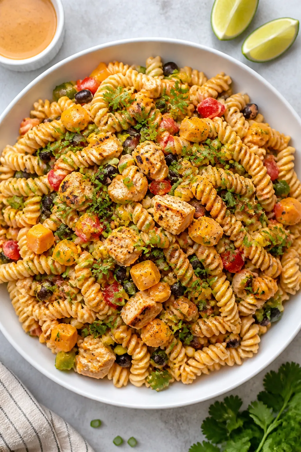 Tasty top view: Overhead shot of the finished BBQ Chicken Pasta Salad in a wide, matte white serving