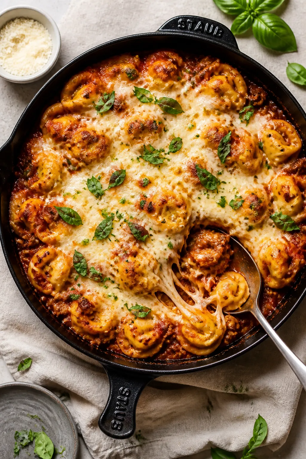 Tasty top view: Overhead shot of the finished Cheesy Ground Beef Tortellini Bake in a cast-iron skil
