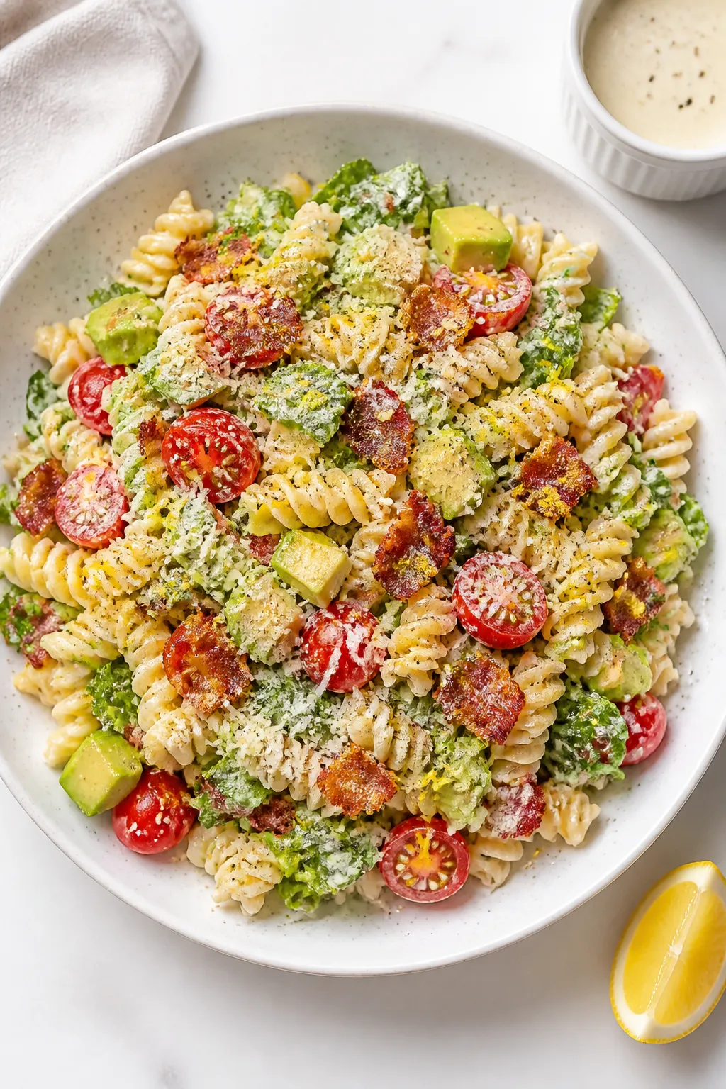 Tasty top view: Overhead shot of the finished Cottage Cheese BLT Pasta Salad in a wide, shallow whit