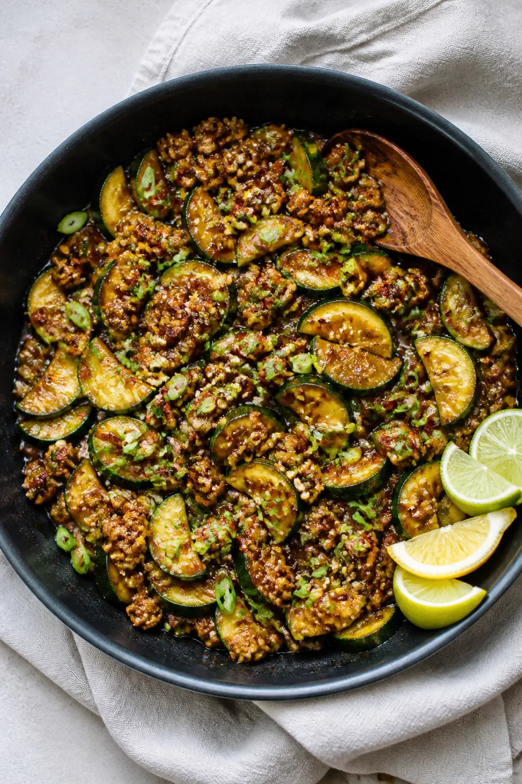 Tasty top view: Overhead shot of the finished Garlic Pork Zucchini Skillet in a wide black pan—jui