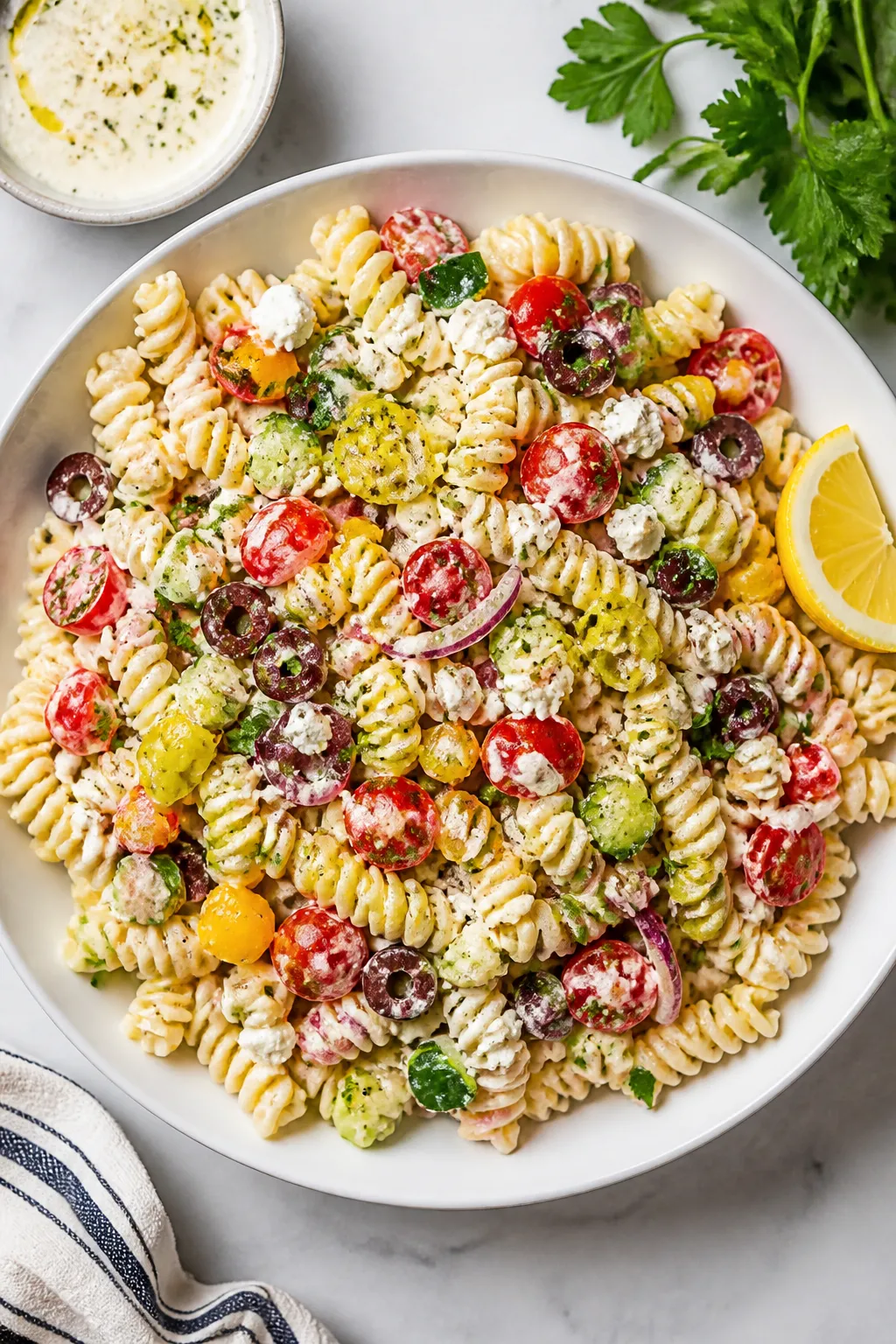 Tasty top view: Overhead shot of the finished Healthy Greek Yogurt Italian Pasta Salad in a wide, wh