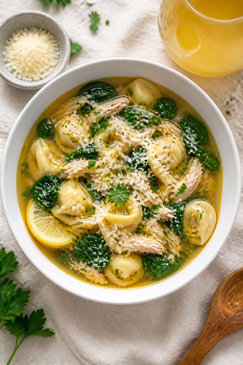 Tasty top view: Overhead shot of the finished High Protein Chicken Tortellini Soup in a wide white b