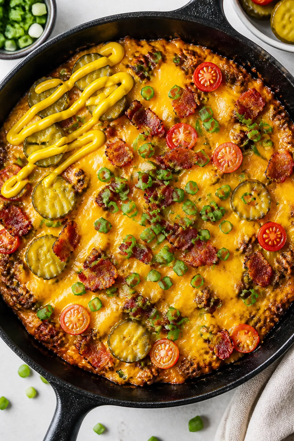 Tasty top view: Overhead shot of the finished High Protein Bacon Cheeseburger Skillet in-pan, blanke