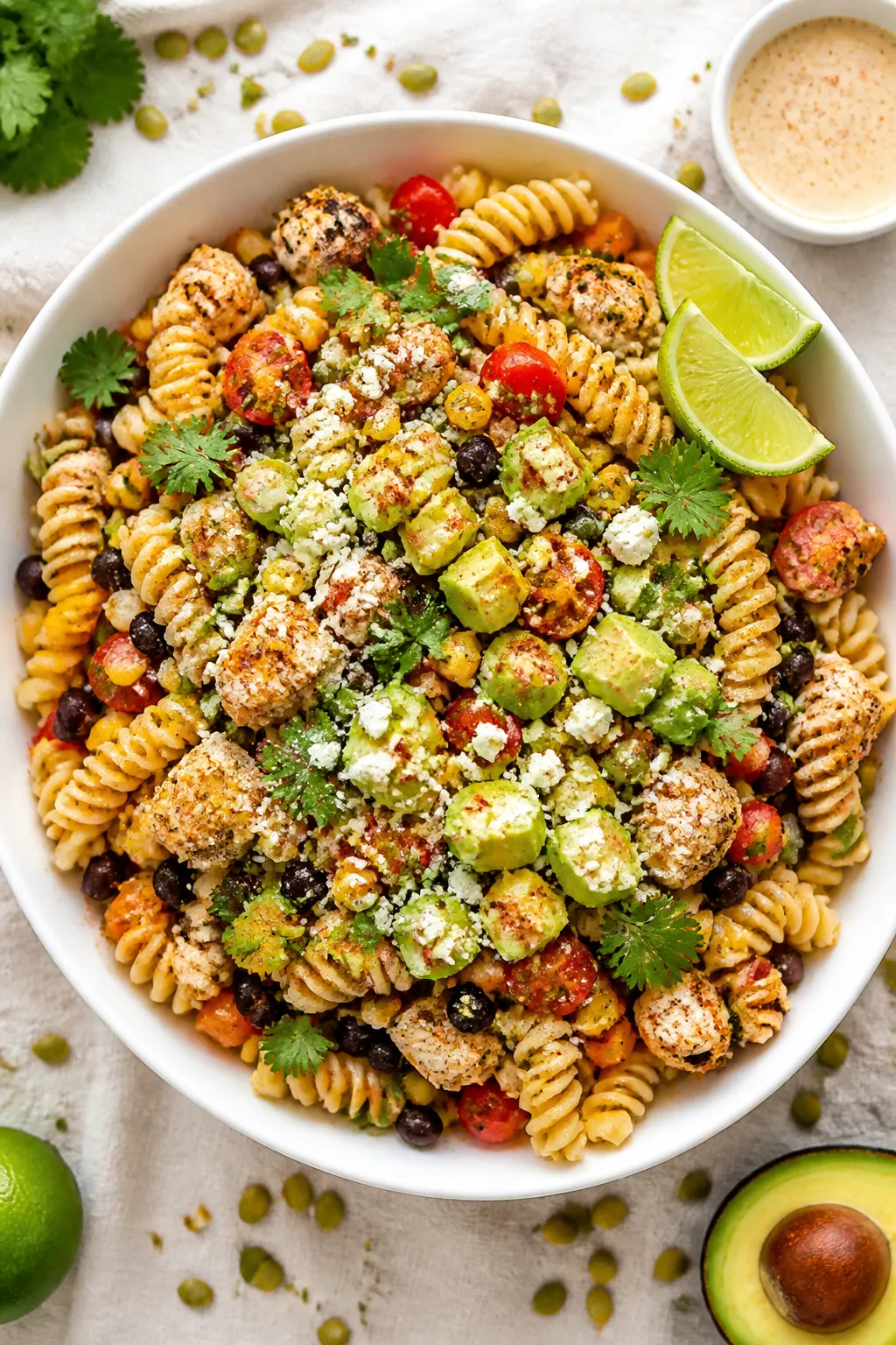 Tasty top view: Overhead shot of the finished High Protein Southwest Chicken Pasta Salad in a wide, 