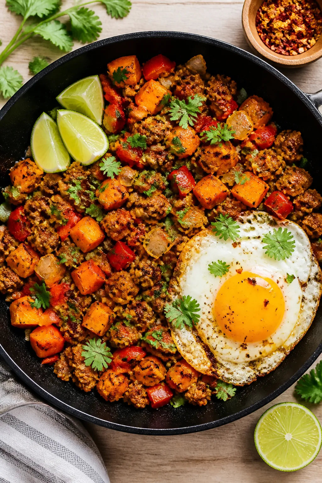 Tasty top view: Overhead shot of the finished High Protein Pork and Sweet Potato Skillet, vibrant mo
