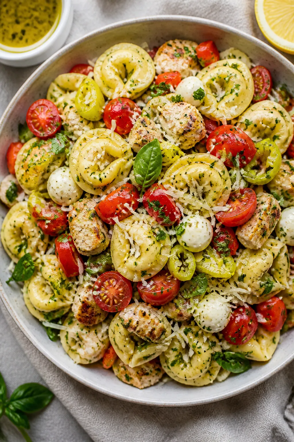 Tasty top view: Overhead shot of the finished Italian Chicken Tortellini Pasta Salad in a wide, low