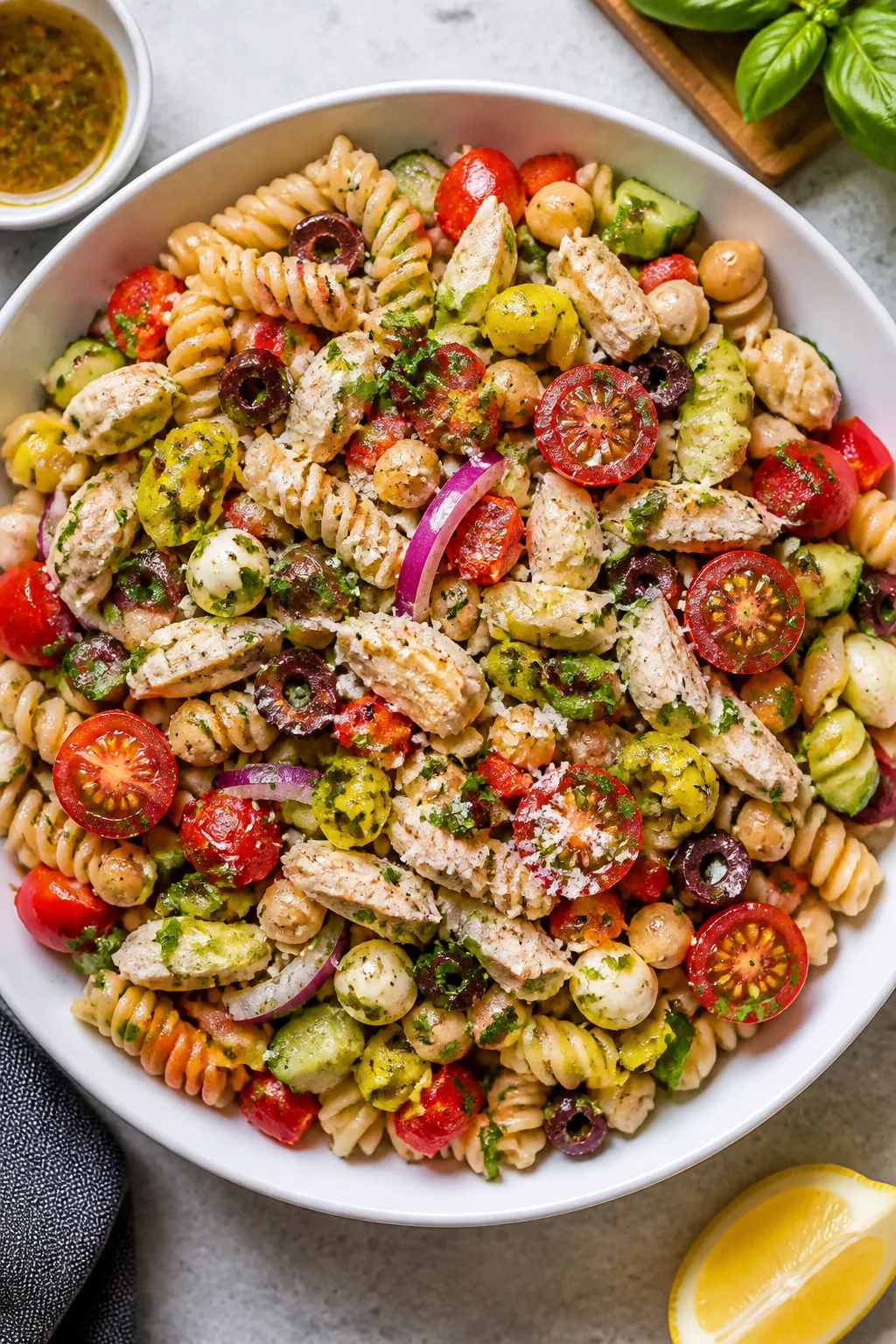 Tasty top view: Overhead shot of the finished Protein-Packed Italian Pasta Salad in a wide white ser