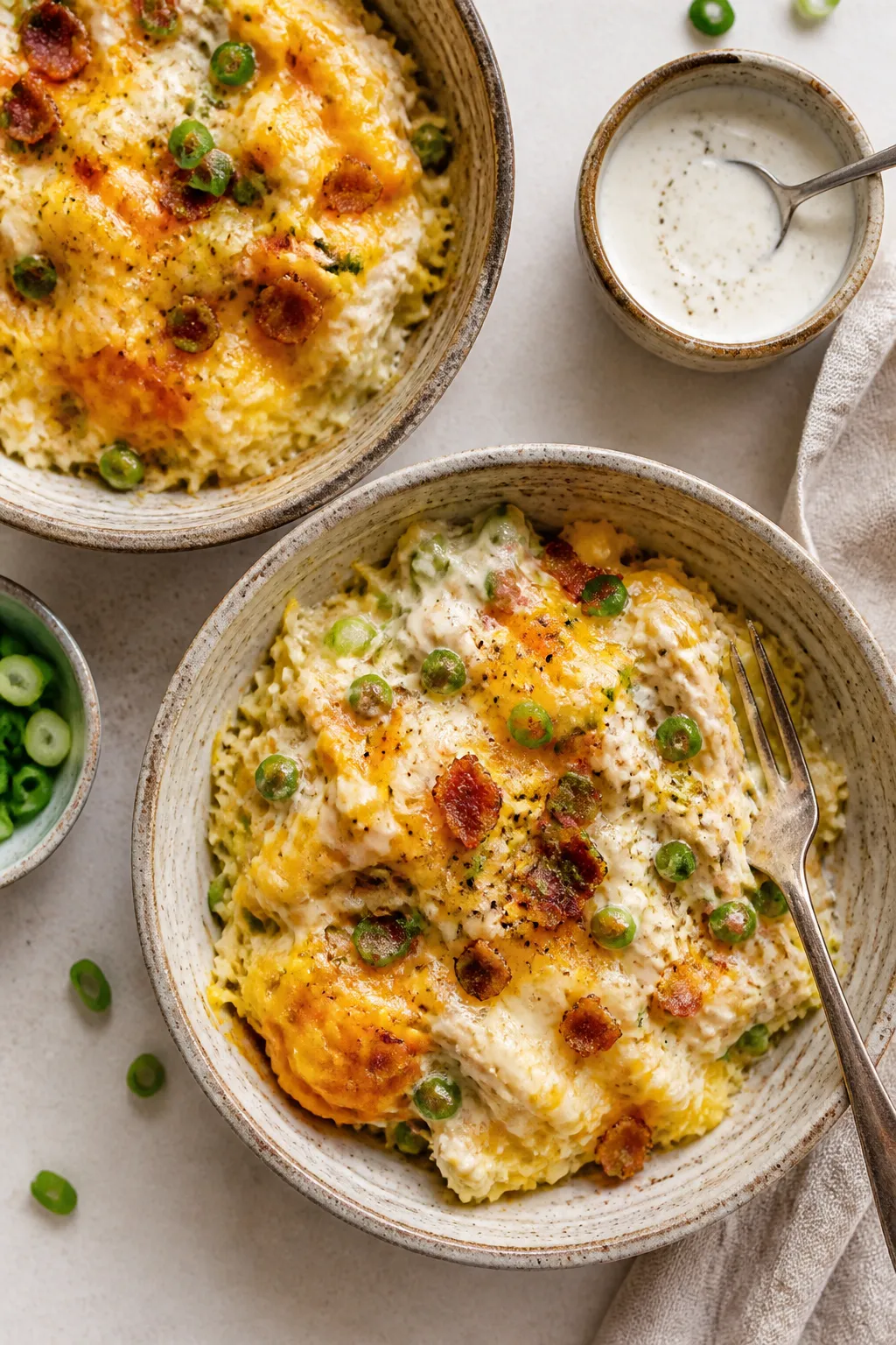 Tasty top view, overhead shot: Overhead shot of the casserole scooped into rustic bowls, showing twi
