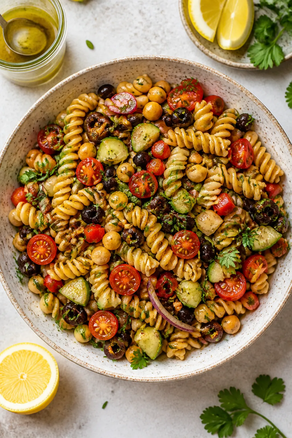 Tasty top view, overhead shot: Three Bean Protein Pasta Salad just tossed in a large ceramic bowl—
