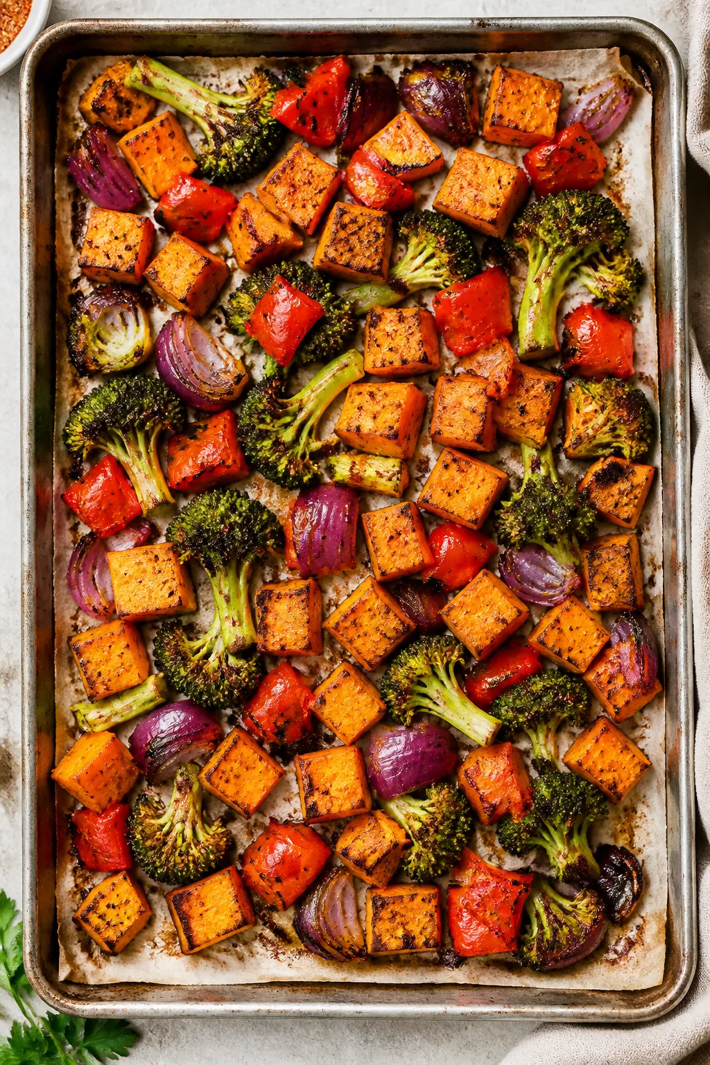Tasty top view – Roasted veggie medley fresh from the oven: Overhead shot of a parchment-lined she
