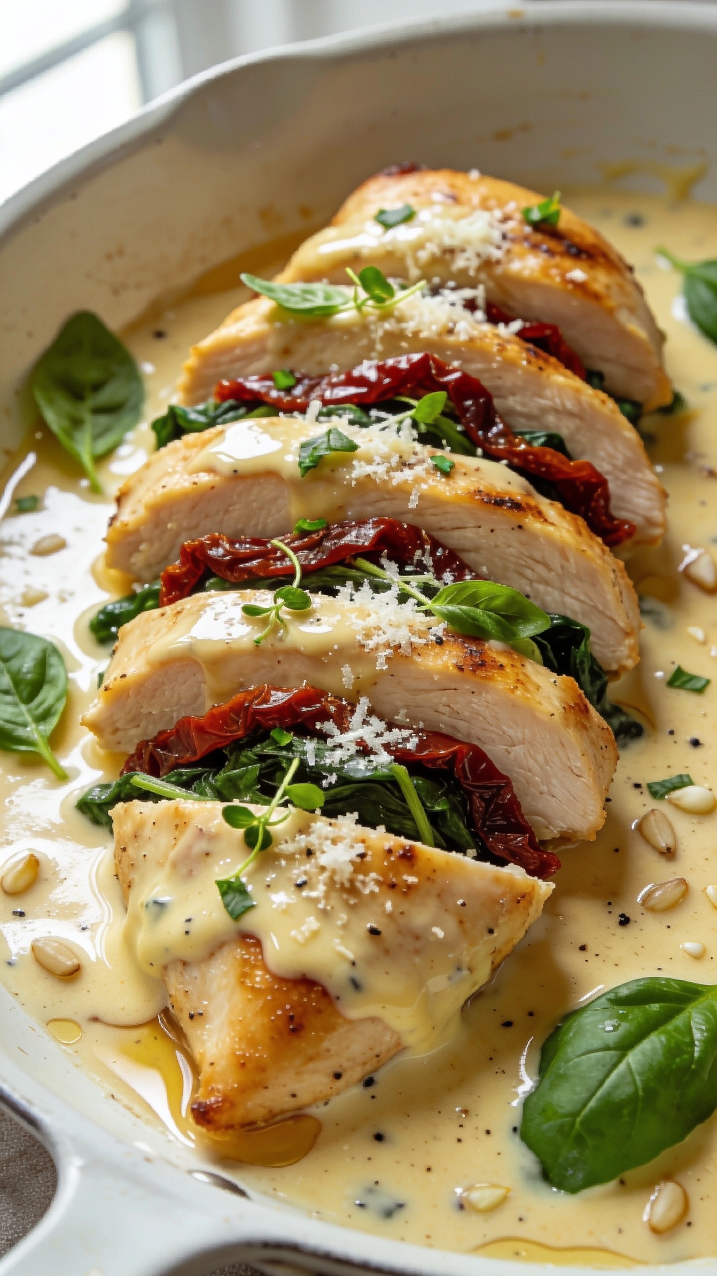 Extreme close-up hero image of High Protein Marry Me Chicken: golden, pan-seared chicken breasts sliced and fanned in a shallow white skillet, blanketed in a glossy, pale-golden creamy parmesanâGreek yogurt sauce with visible minced garlic and flecks of black pepper; ribbons of deep red sun-dried tomatoes and wilted spinach tucked between the slices; sauce pooling silkily around the chicken with a light sheen; sprinkled with finely grated parmesan and micro-chopped fresh basil; a few larger basil leaves for contrast; bright natural window light from the left, soft shadows, shallow depth of field isolating the front slice; no text, no hands, 90â95% frame filled with food, premium food-blog styling.