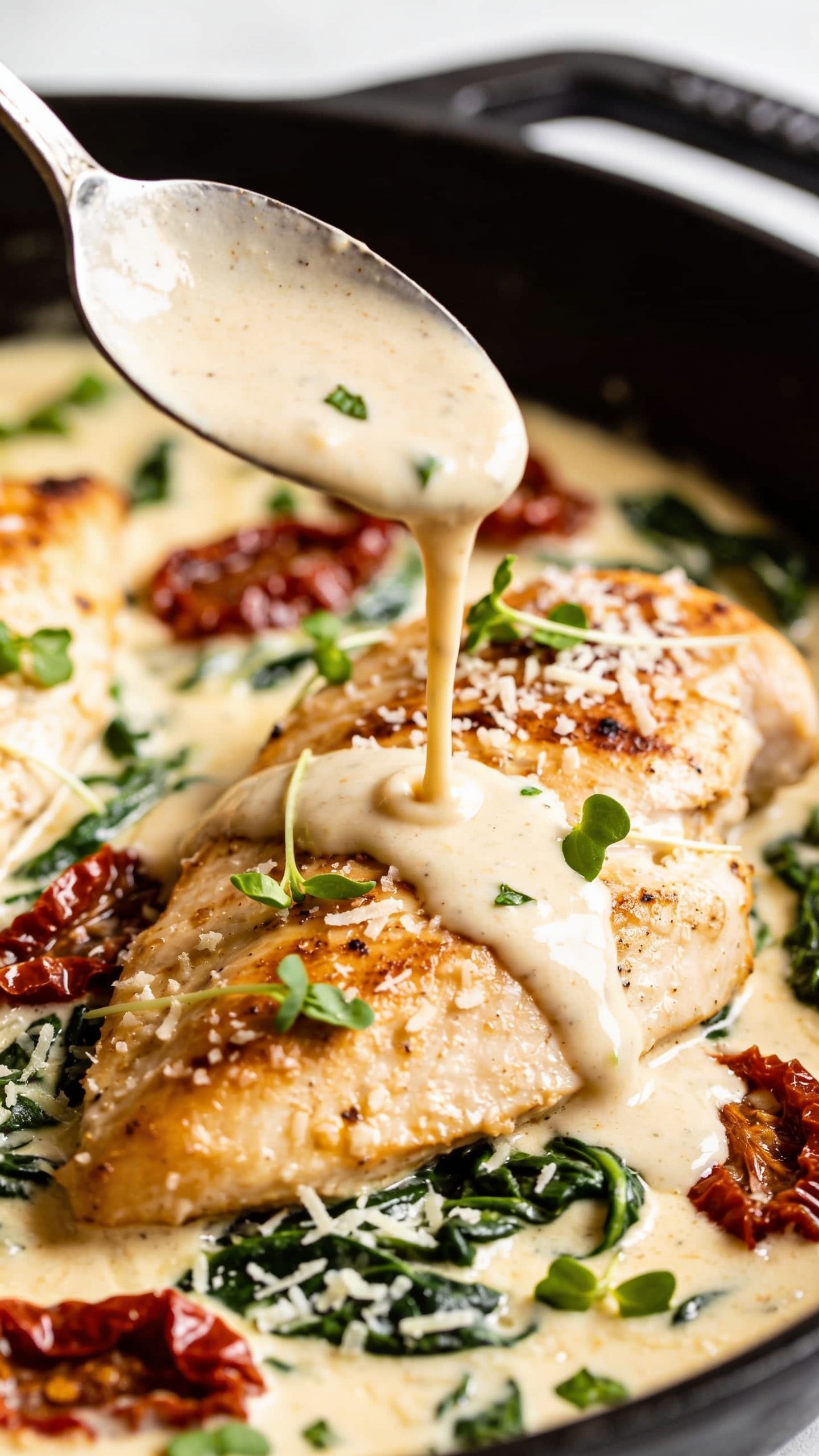 Ultra close-up angle from slightly above: the same finished Marry Me Chicken nestled in its creamy sauce, a small spoonful of extra sauce being poured back over the top from just out of frame, captured mid-stream as a glossy ribbon; sun-dried tomato pieces and spinach visible beneath the sauceâs sheen; edges of chicken showing light sear and juiciness; fine shower of freshly grated parmesan and micro basil scattered over the surface; vibrant colors, bright natural light, tight composition filling 90â95% of frame, shallow depth of field with the pour in crisp focus and the far edge of the skillet softly blurred.