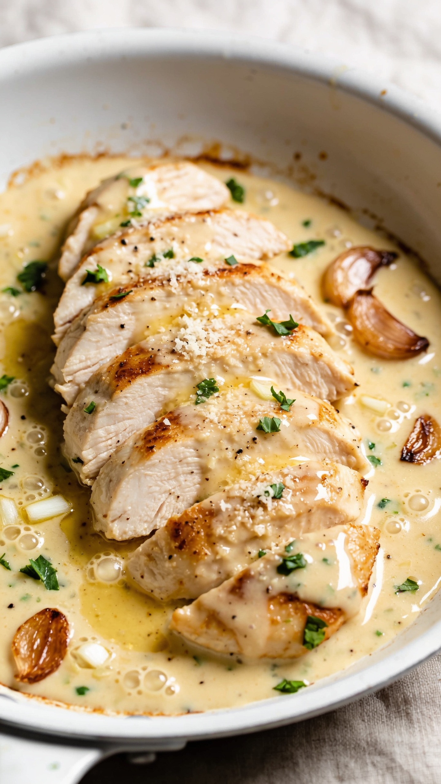 Ultra-close hero shot of High Protein Creamy Garlic Chicken: juicy pan-seared chicken breasts sliced and fanned in a shallow white skillet, bathed in a glossy, velvety pale-golden garlic-Parmesan cream sauce with visible minced garlic and micro-bubbles of sheen, sauce clinging to every piece; a sprinkle of finely grated Parmesan melting into the sauce, tiny flecks of black pepper, and a scatter of fresh chopped parsley for color. Include a few browned garlic slices and light fond on the skillet for depth. Bright natural side lighting, shallow depth of field focusing on the center slices, creamy sauce glistening, background softly blurred neutral linen, food filling 90–95% of frame, premium food-blog styling.
