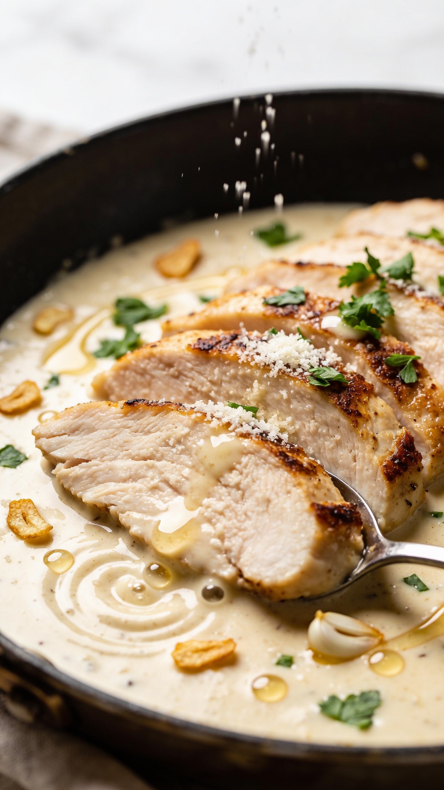 Extreme close-up angle of the same finished chicken in the skillet: focus on the seared edges and juicy interior of overlapping chicken slices partially submerged in the creamy garlic sauce, with tiny golden-brown garlic chips, micro-beads of rendered jus swirled into the sauce, and a final scatter of fresh parsley. A light dusting of freshly grated Parmesan melting in small puddles, visible glossy swirls where the spoon just stirred. Bright natural side light, shallow depth of field emphasizing texture and sheen, neutral background blur, food filling 90–95% of the frame, consistent color palette and plating as images 1–