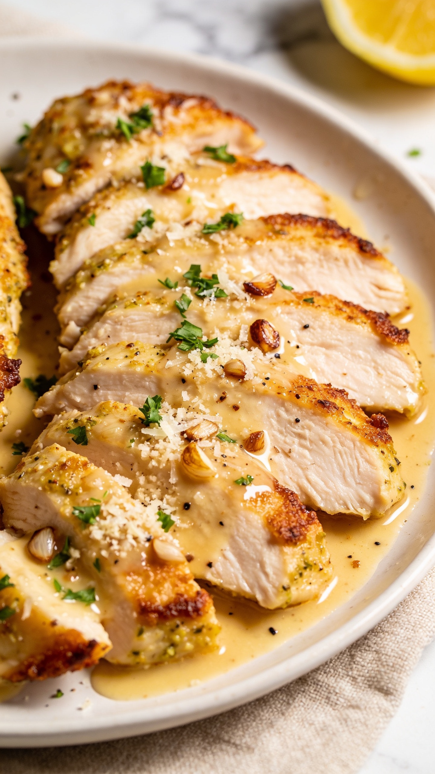 Extreme close-up hero shot of High Protein Garlic Parmesan Chicken: juicy boneless chicken breasts sliced and fanned on a warm white ceramic plate, golden-brown crust with crispy edges from a garlicky coating, glossy light pan sauce pooling and clinging to the chicken, finely grated Parmesan melting in soft speckles, tiny browned garlic bits and flecks of black pepper visible, fresh chopped parsley sprinkled over the top, a lemon wedge blurred in the background for brightness; food fills 90–95% of frame; bright natural side lighting, shallow depth of field, premium food-blog styling, neutral linen and a faint marble surface barely visible, colors vibrant and appetizing.