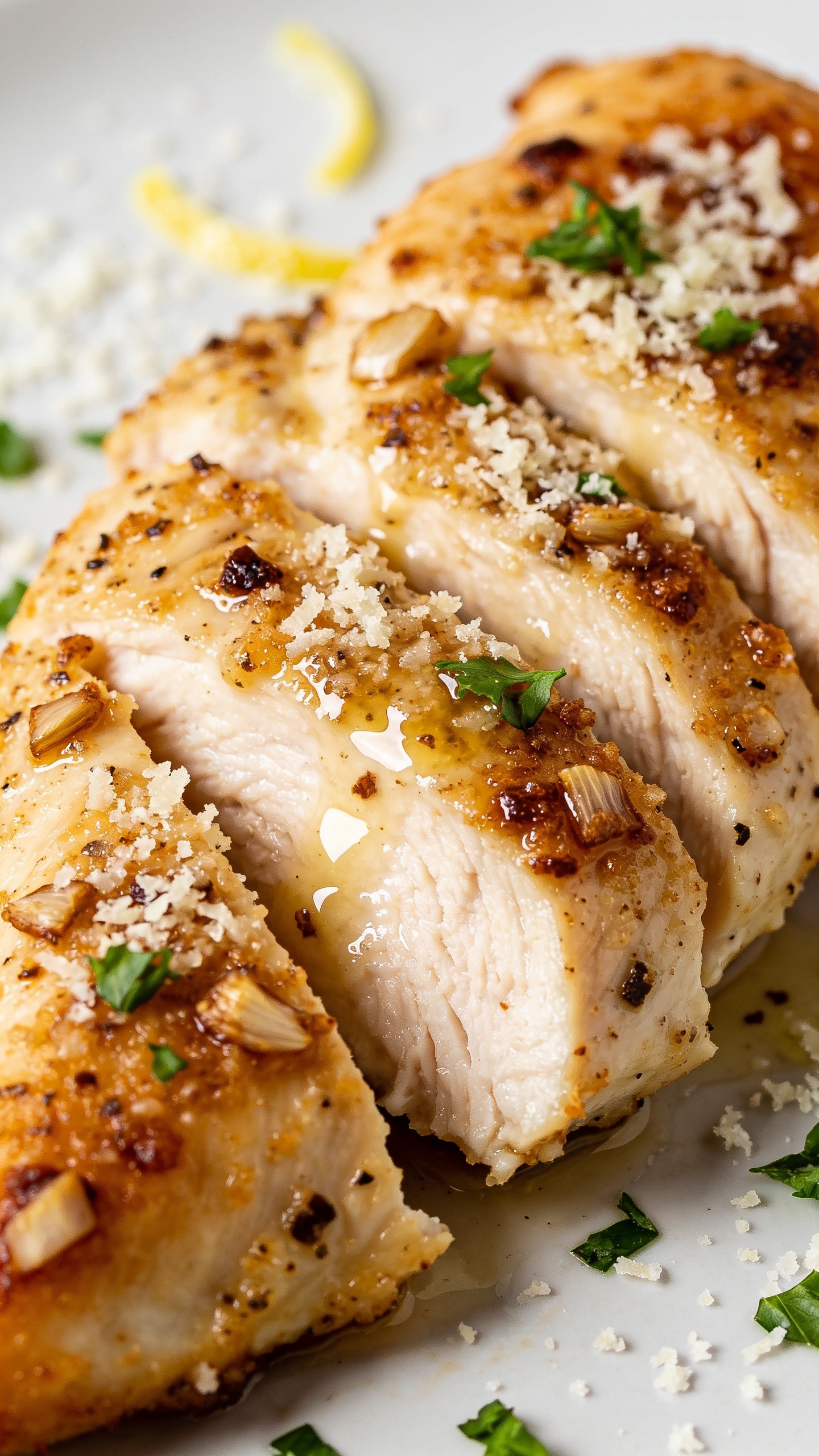 Macro close-up from a different angle: tight focus on the sliced surface of the same Garlic Parmesan Chicken showing moist, tender interior, well-seasoned crust with visible browned garlic bits, finely grated Parmesan melted and slightly crisp in spots, tiny rivulets of glossy pan sauce catching the light, fresh parsley scattered; a soft-focus sprinkle of extra Parmesan in the background and a hint of lemon zest; bright natural lighting, shallow depth of field, minimal props, food occupying 90–95% of the frame with rich textures and irresistible sheen.