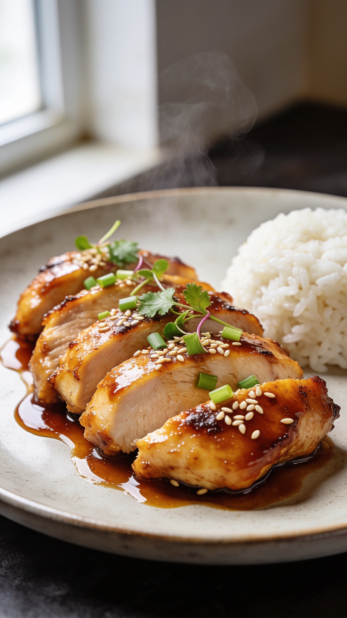 Extreme close-up hero shot of high-protein honey garlic chicken: glossy, sticky-sweet honey garlic glaze clinging to juicy, pan-seared chicken thighs sliced into thick pieces, visible golden-brown caramelized edges and sesame seeds scattered on top, finely chopped green onions and a few micro cilantro leaves for freshness, a thin drizzle of extra glaze pooling lightly around the chicken on a matte off-white shallow plate with a small mound of fluffy white rice tucked to the side, bright natural window light from the left, shallow depth of field with background softly blurred, food filling 90–95% of frame, rich amber highlights on the sauce, subtle steam rising.