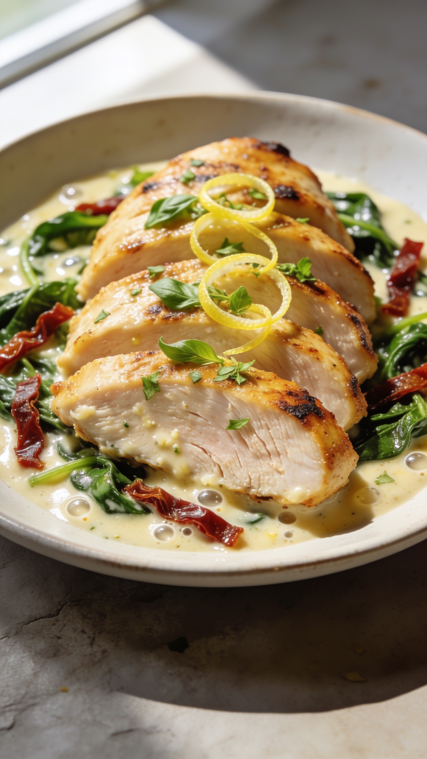 Ultra close-up hero shot of High Protein Tuscan Chicken: golden pan-seared chicken breasts sliced on a plate and nestled in a glossy, creamy garlic-Parmesan sauce studded with ribboned baby spinach and jewel-like sun-dried tomato strips; tiny bubbles and sheen on the sauce, light char on chicken edges, micro-chopped fresh basil scattered on top, a few thin lemon zest curls for brightness; food fills 90–95% of frame, shallow depth of field with the front slice in razor focus showing juicy fibers, bright natural window light from the left, soft shadow to the right, neutral matte stone background and a warm off-white ceramic plate, premium food-blog styling, no text.