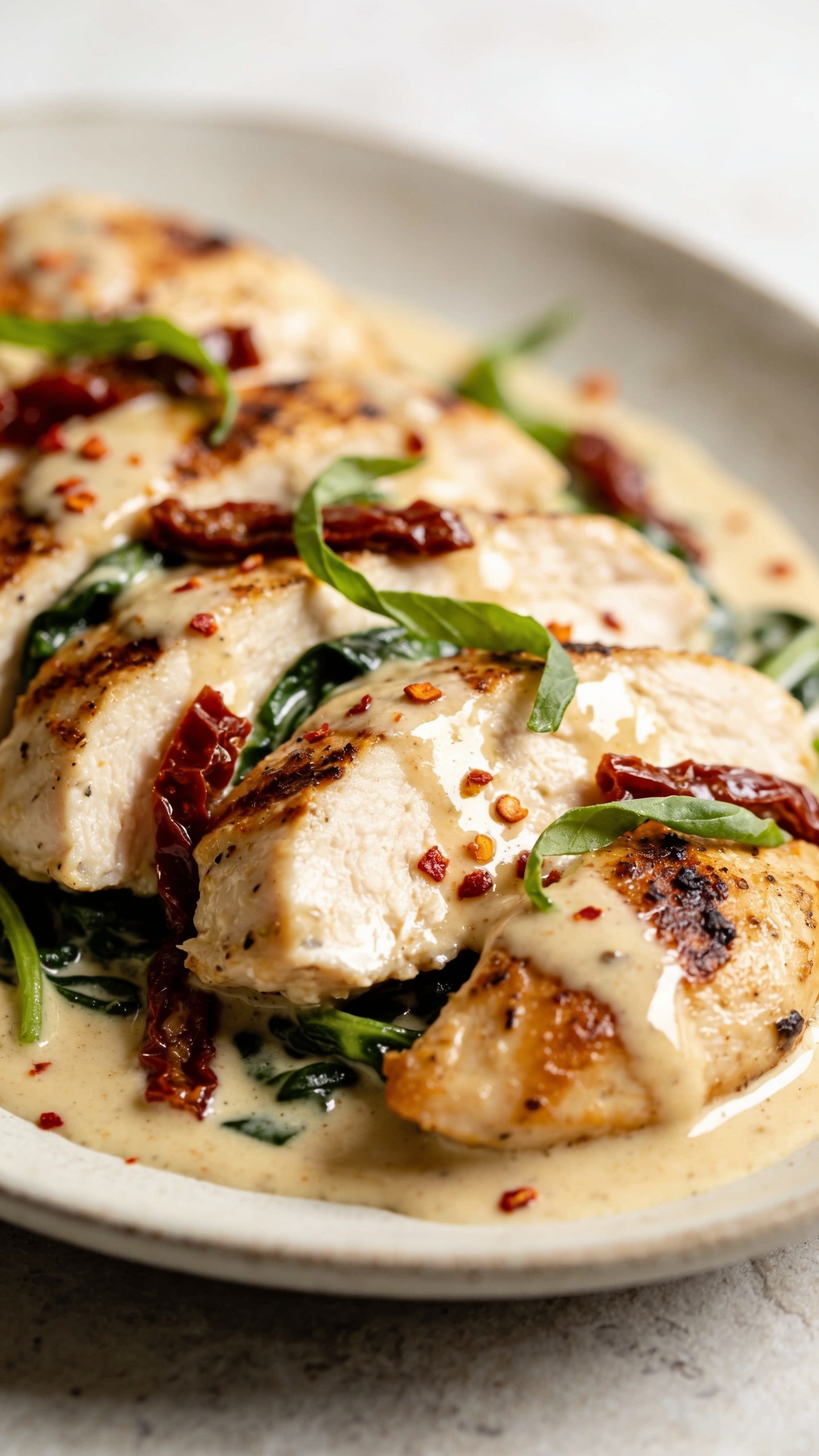 Macro close-up from a lower angle of the same finished Tuscan chicken arranged in overlapping slices bathed in the creamy sauce; focus on textures: crisp sear marks, moist interior, glossy sauce pooling and catching highlights, spinach ribbons peeking through, sun-dried tomato strips adding deep red contrast; a few crushed red pepper flakes and fresh basil ribbons sprinkled over; shot on the same off-white ceramic plate and neutral stone surface, bright natural side light, shallow depth of field that blurs the far edge of the plate; food dominates 90–95% of frame, premium food-blog styling, no text.