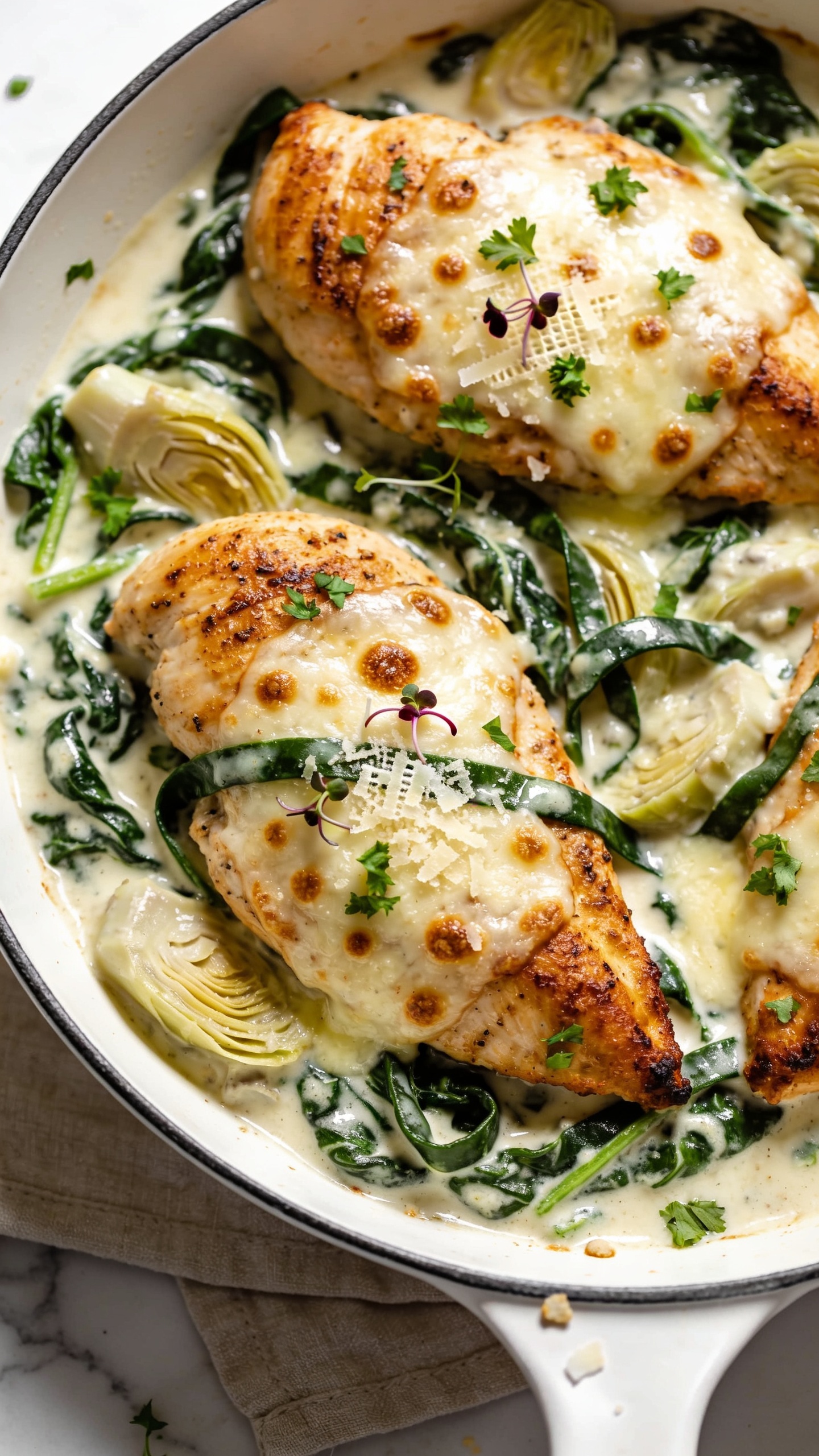 Extreme close-up hero image of High Protein Spinach Artichoke Chicken: golden-browned seared chicken breasts nestled in a creamy spinach–artichoke sauce made with Greek yogurt, part-skim mozzarella, and Parmesan, luscious and glossy with visible wilted spinach ribbons and tender artichoke hearts; light cheese blistering on top with tiny browned spots, edges slightly crispy; sprinkled with freshly chopped parsley and a few micro-grates of Parmesan; served in a white enameled skillet, minimal crumbs, no text; bright natural side lighting, shallow depth of field, 90–95% frame filled with the dish, premium food-blog styling on a light linen with a faint marble surface.